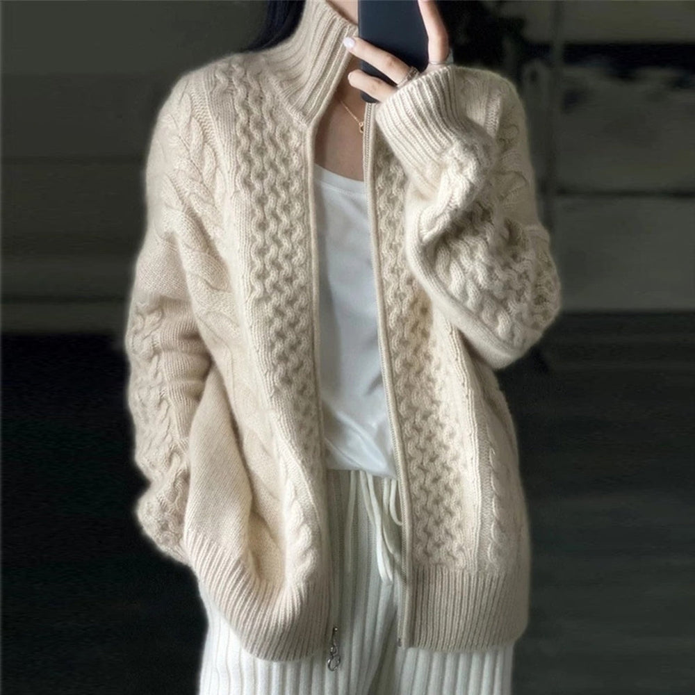 Women's Cardigan High-Quality Knitwear With Stand-Up Collar and Zipper