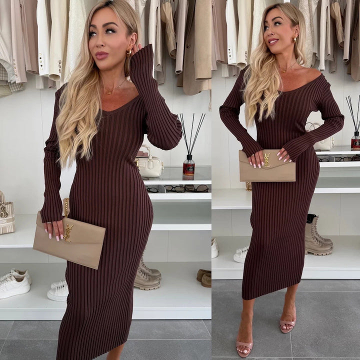 Women's knitted dress V-neck midi elegant long sleeve