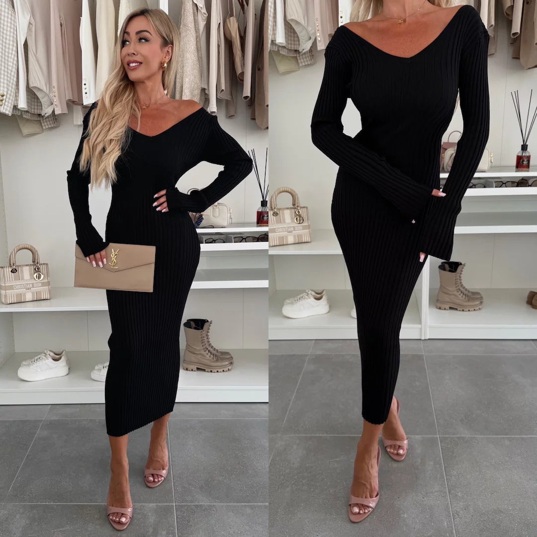 Women's knitted dress V-neck midi elegant long sleeve