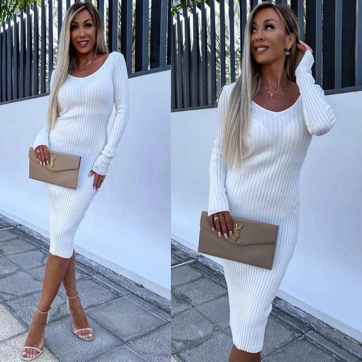 Women's knitted dress V-neck midi elegant long sleeve