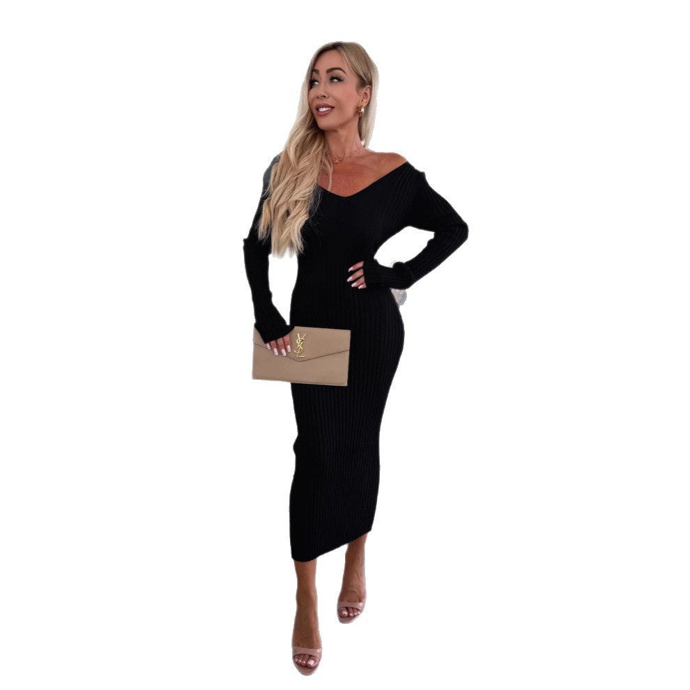 Women's knitted dress V-neck midi elegant long sleeve