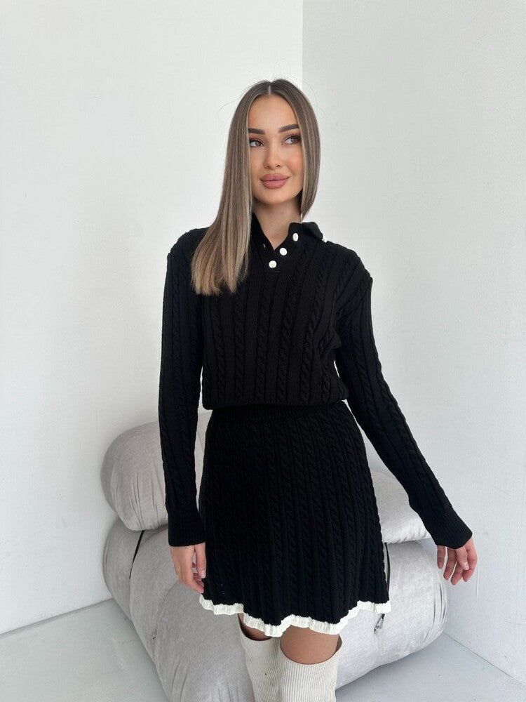 Women's knit dress with cable pattern and high-neck collar