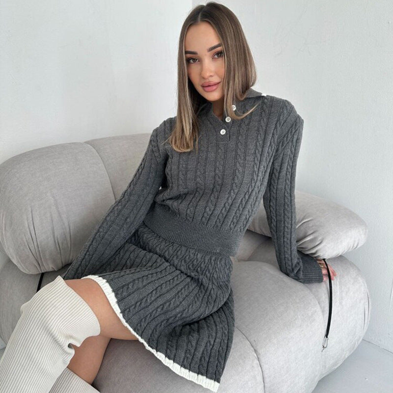 Women's knit dress with cable pattern and high-neck collar