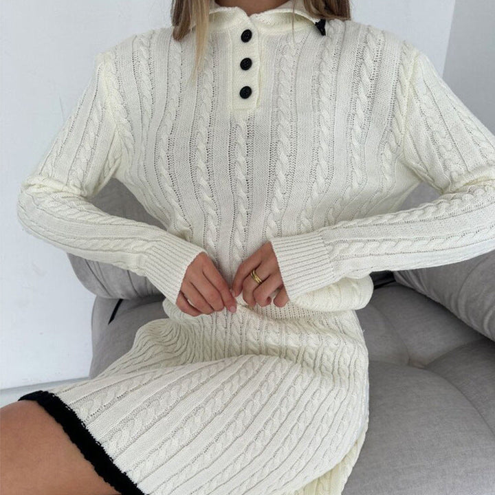 Women's knit dress with cable pattern and high-neck collar