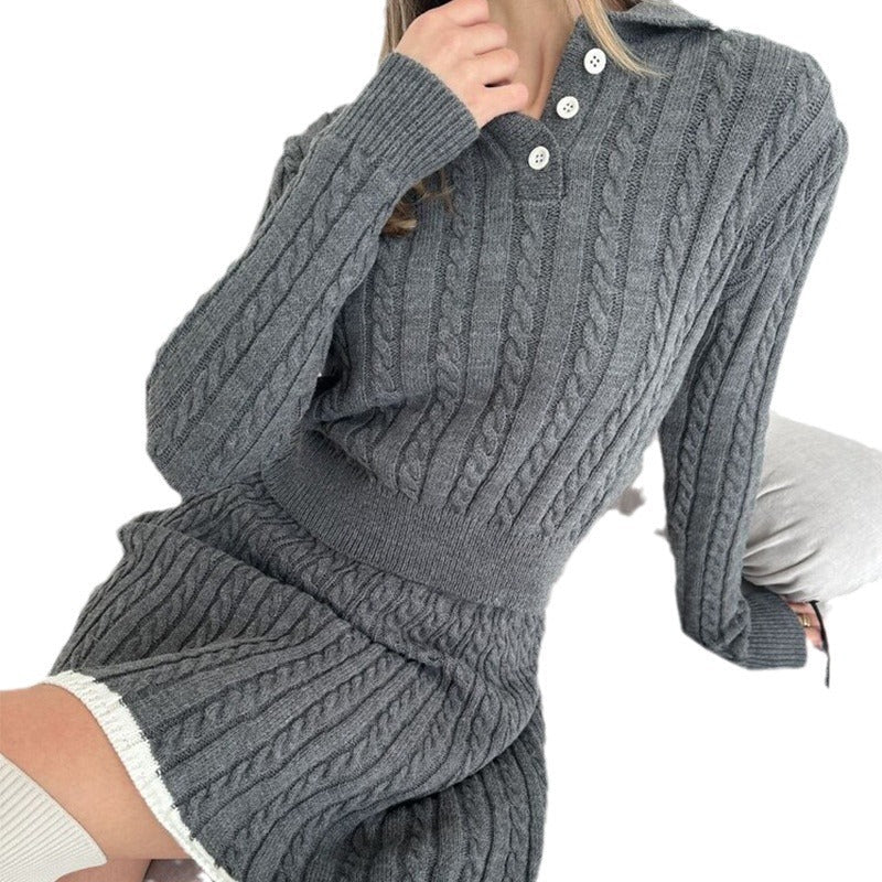 Women's knit dress with cable pattern and high-neck collar