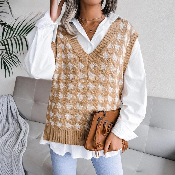Women's Knitted Vest Sleeveless Checkered Pattern Gilet for Women