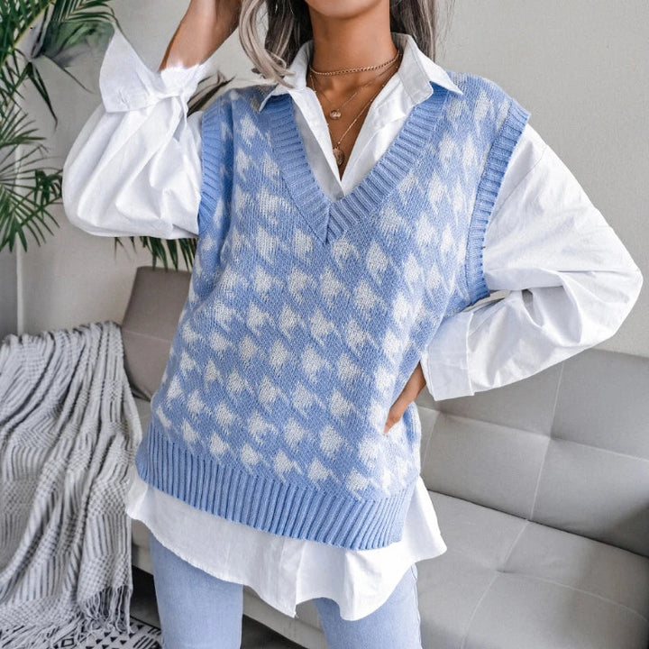 Women's Knitted Vest Sleeveless Checkered Pattern Gilet for Women