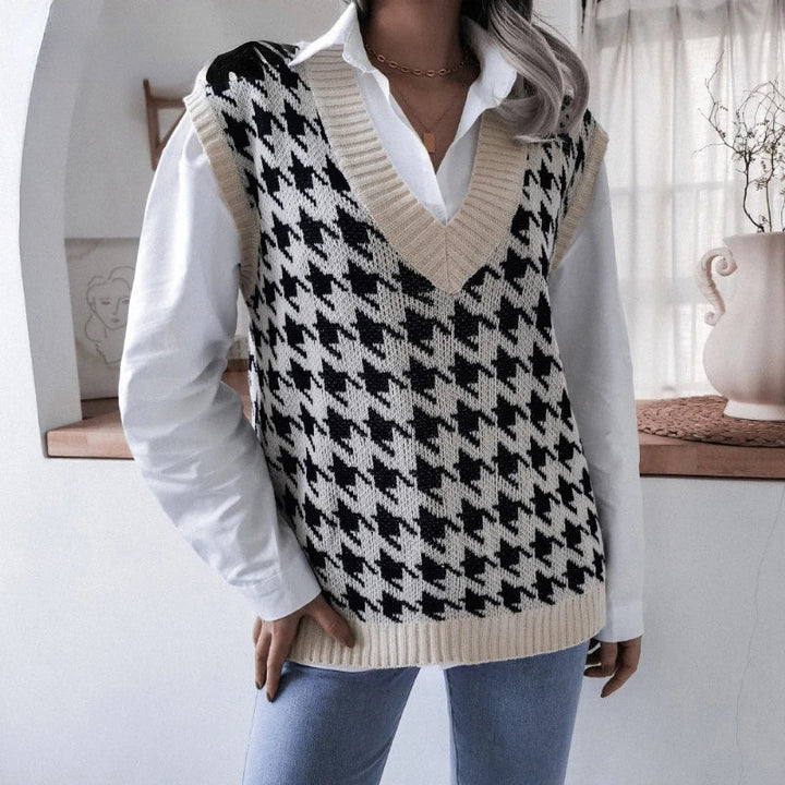 Women's Knitted Vest Sleeveless Checkered Pattern Gilet for Women
