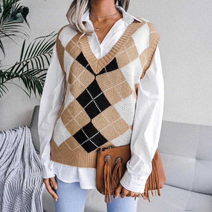 Women's Knitted Vest Sleeveless Checkered Pattern Gilet for Women