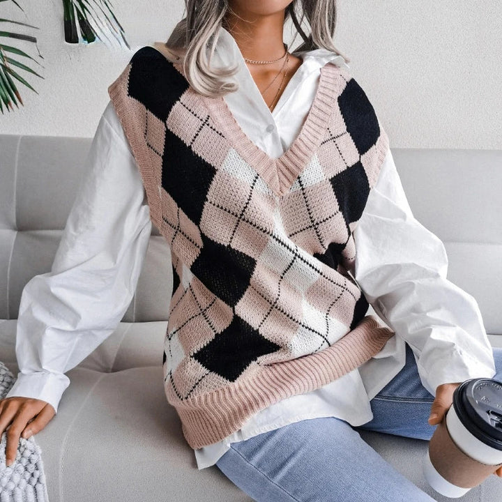 Women's Knitted Vest Sleeveless Checkered Pattern Gilet for Women