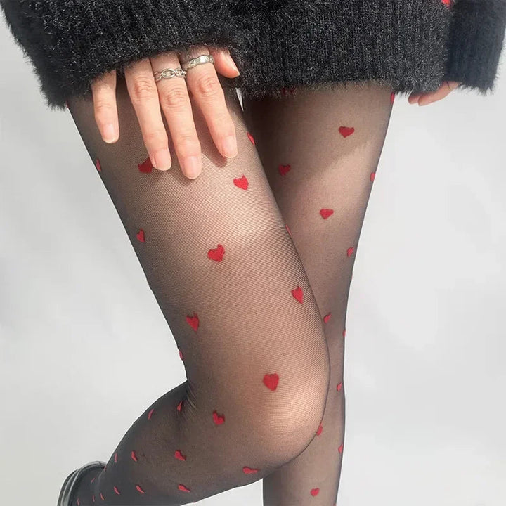Women's tights with heart and dot pattern, elastic, fashionable