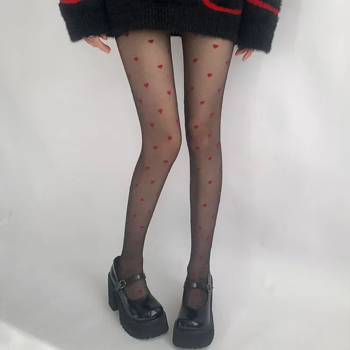 Women's tights with heart and dot pattern, elastic, fashionable