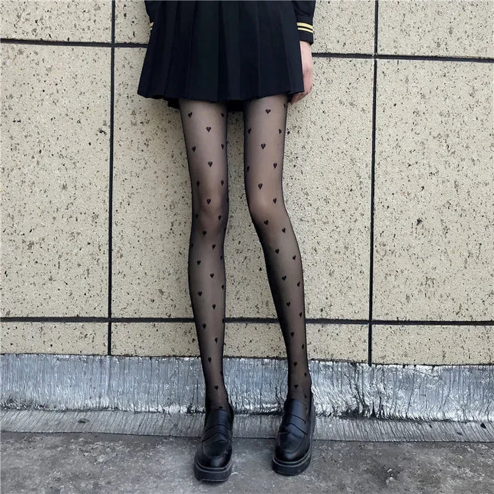 Women's tights with heart and dot pattern, elastic, fashionable