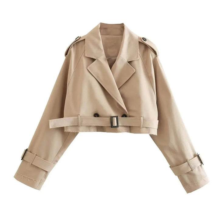 Women's short lightweight tailored trench coat with lapel collar and belt