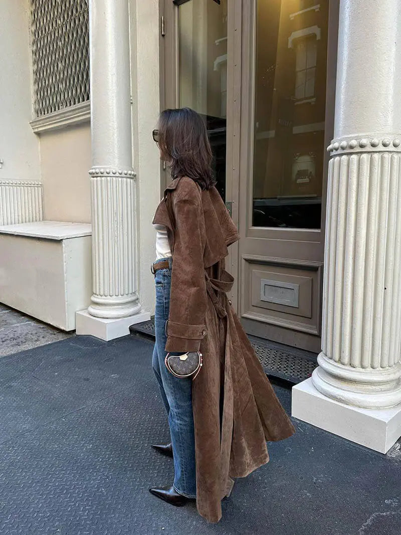 Women's suede trench coat classic elegant cut with belt