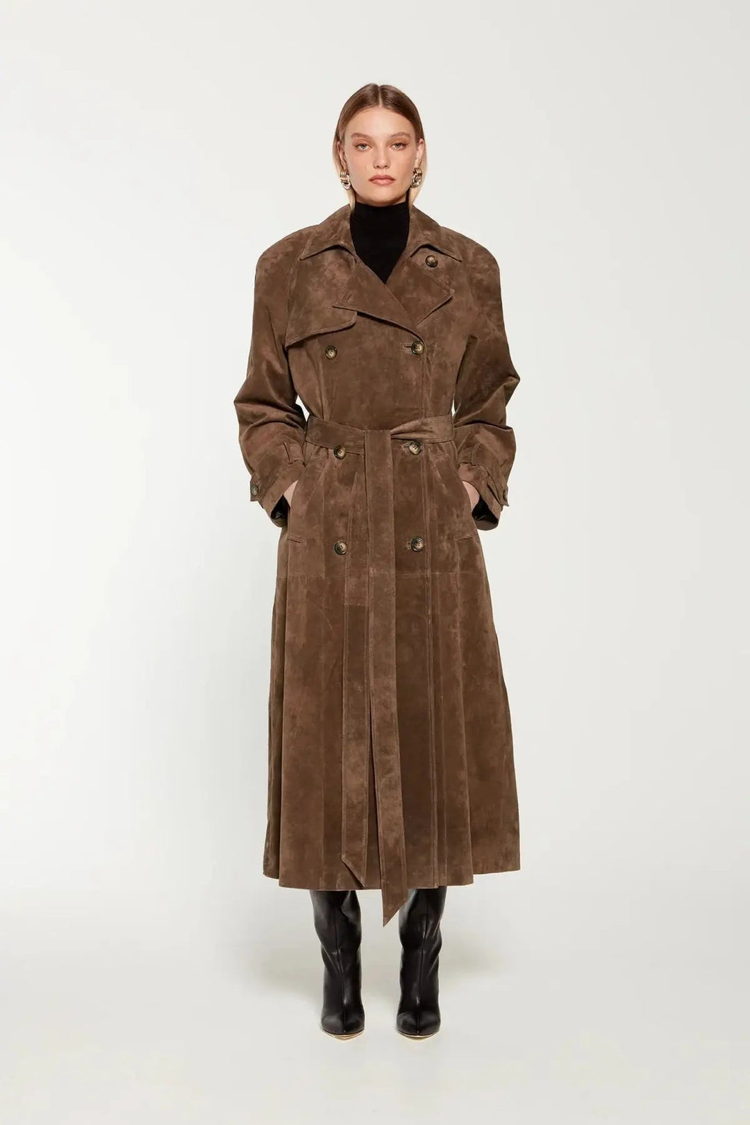 Women's suede trench coat classic elegant cut with belt