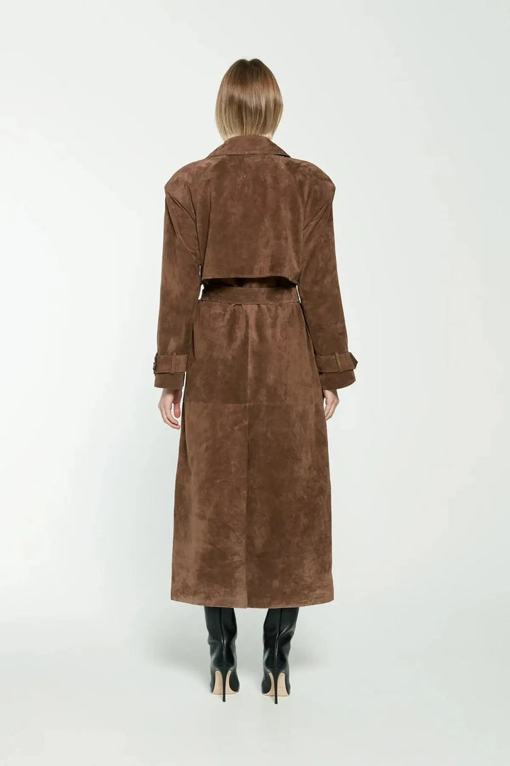 Women's suede trench coat classic elegant cut with belt