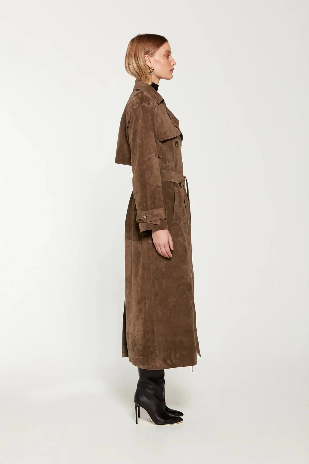 Women's suede trench coat classic elegant cut with belt