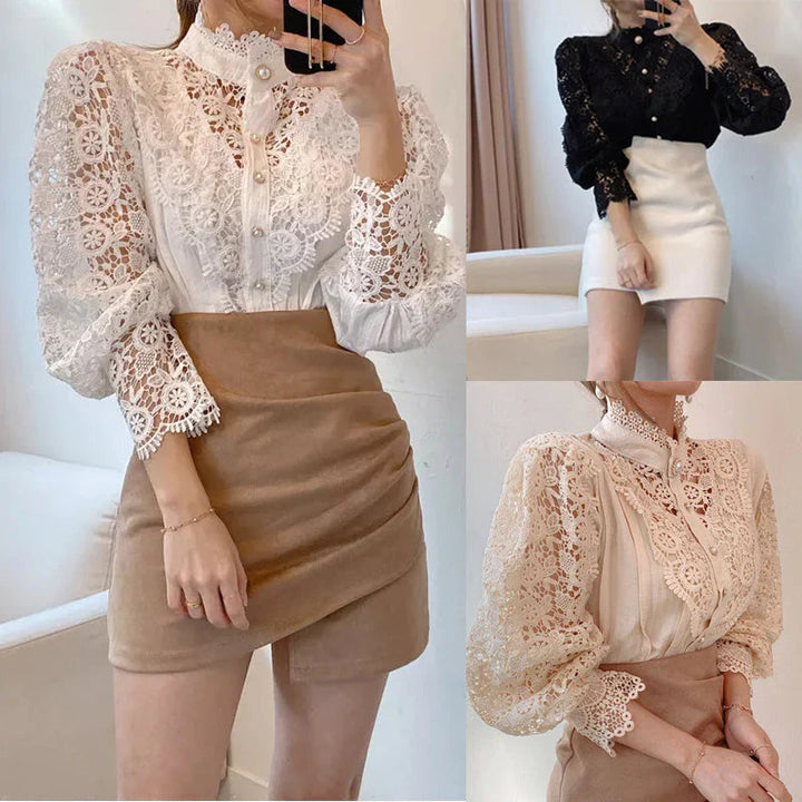 Women's blouse with floral pattern and high neckline