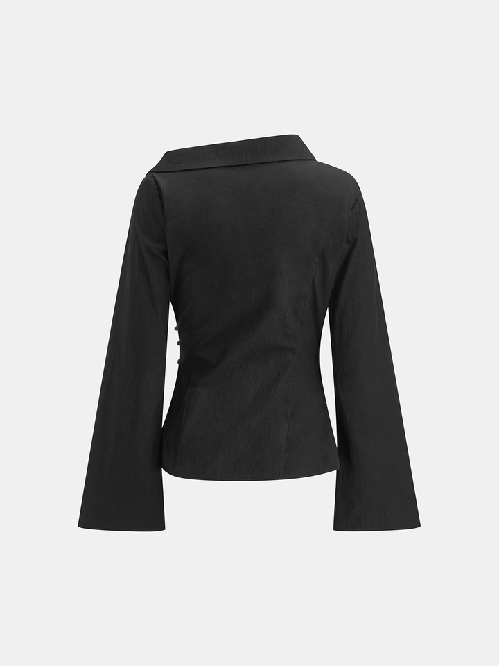 Women's Wrap Blouse Cotton Blend – Asymmetrical, Flared Sleeves, Elegant