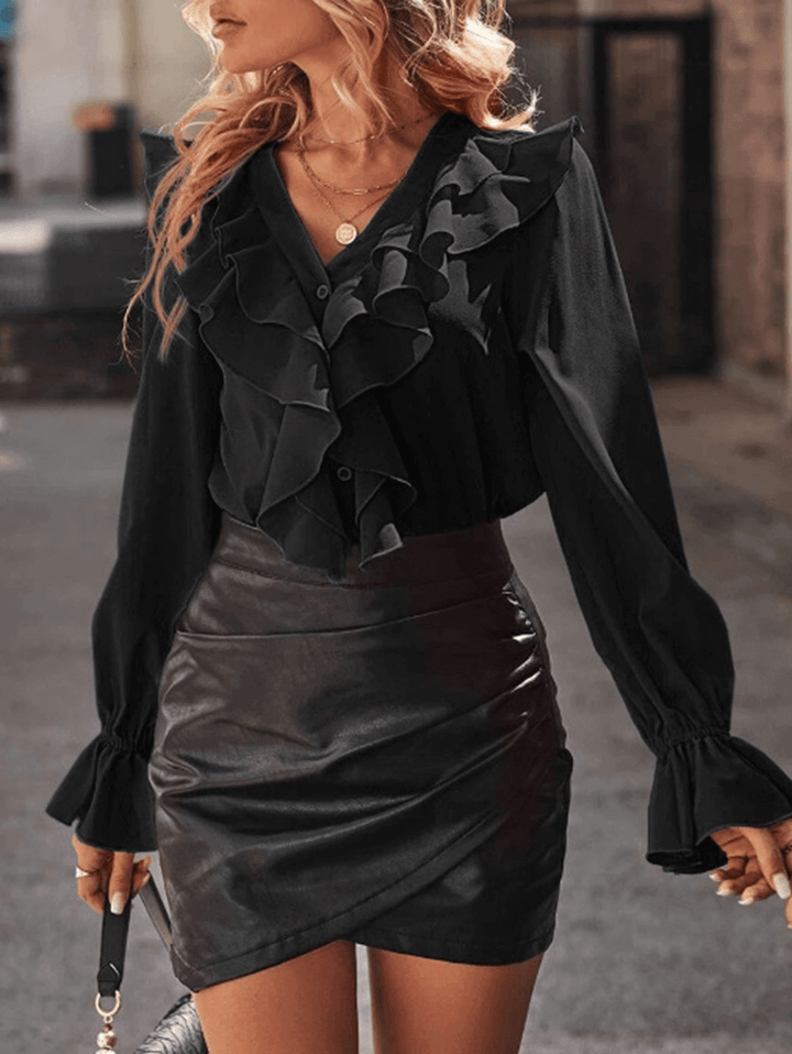 Women's blouse with ruffles V-neck and flared sleeves
