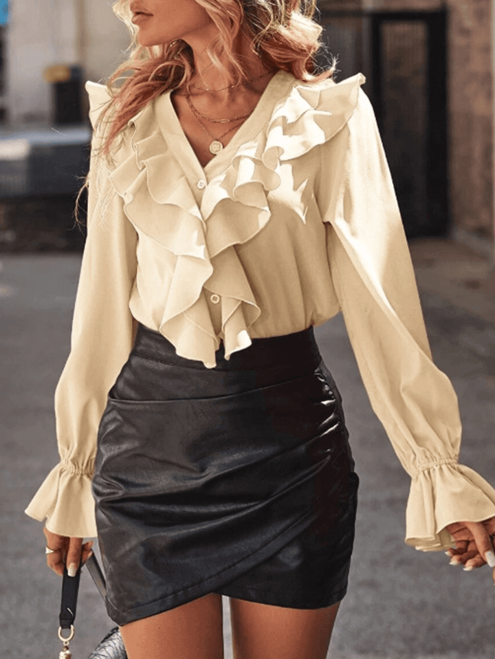 Women's blouse with ruffles V-neck and flared sleeves