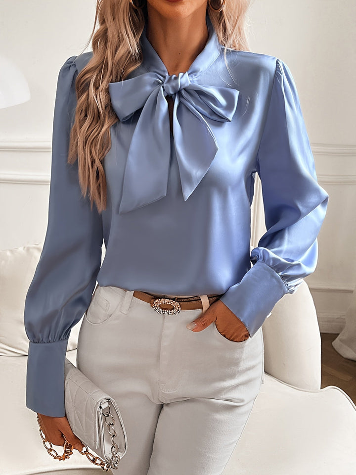 Women's blouse satin look with ribbed collar and lantern sleeves - elegant blouse for festive occasions
