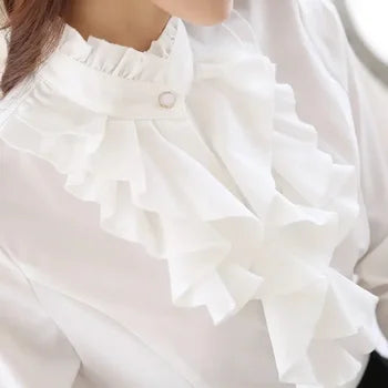 Women's blouse with ruffles and high turtleneck collar