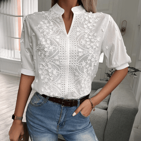 Women's blouse with V-neck and lace, elegant blouse for festive occasions