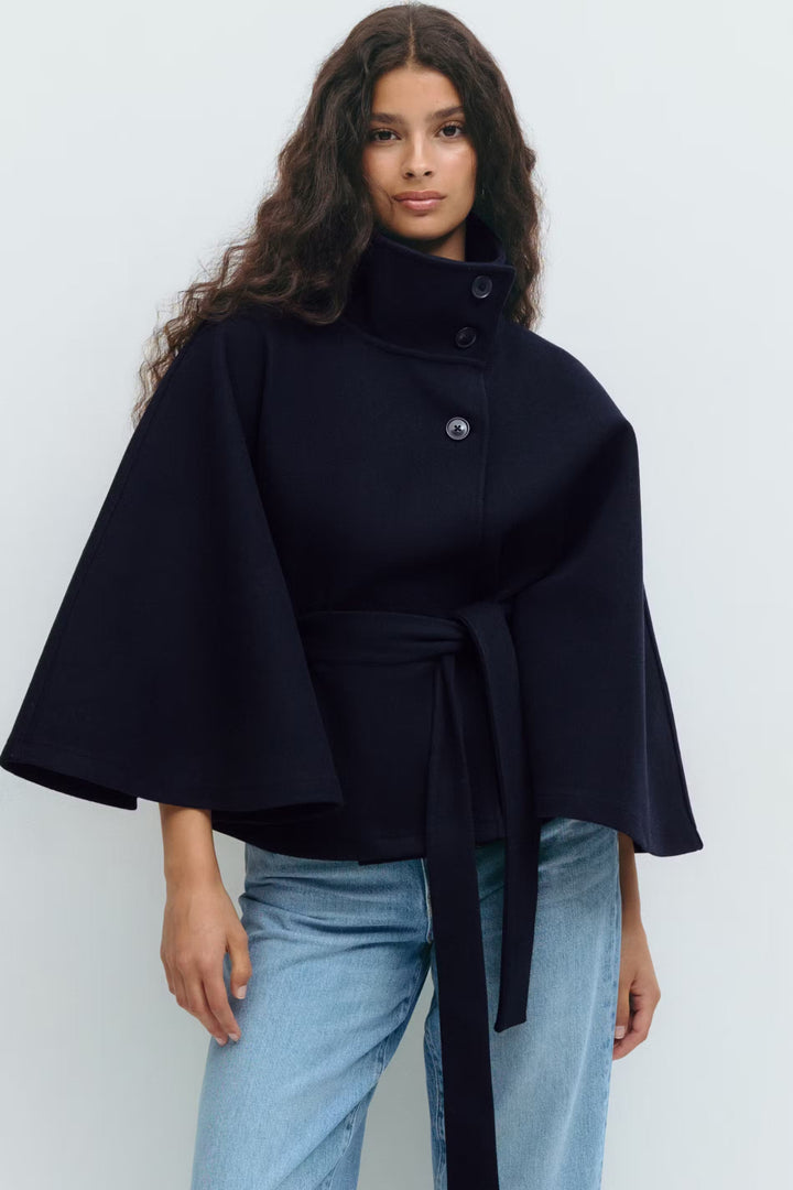 Women's jacket cape with cloak sleeves and high collar