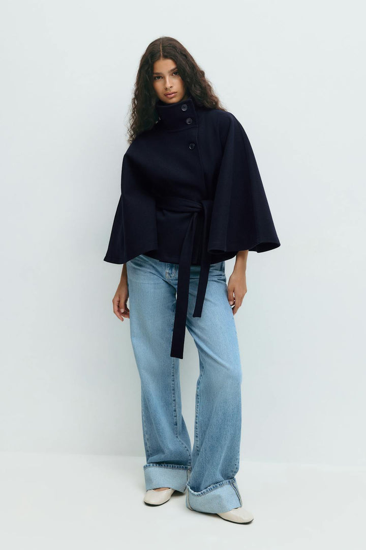 Women's jacket cape with cloak sleeves and high collar