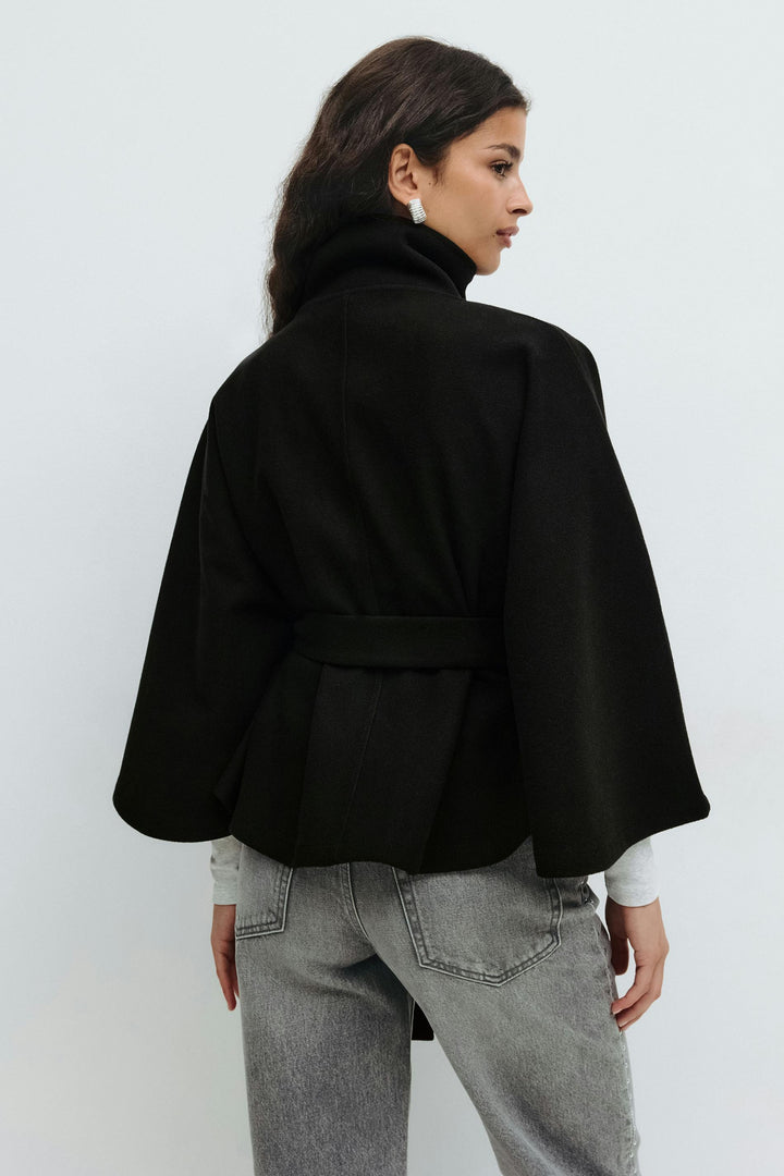 Women's jacket cape with cloak sleeves and high collar
