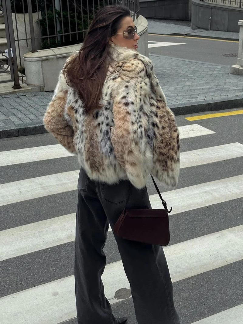 Women's jacket faux fur leopard print elegant