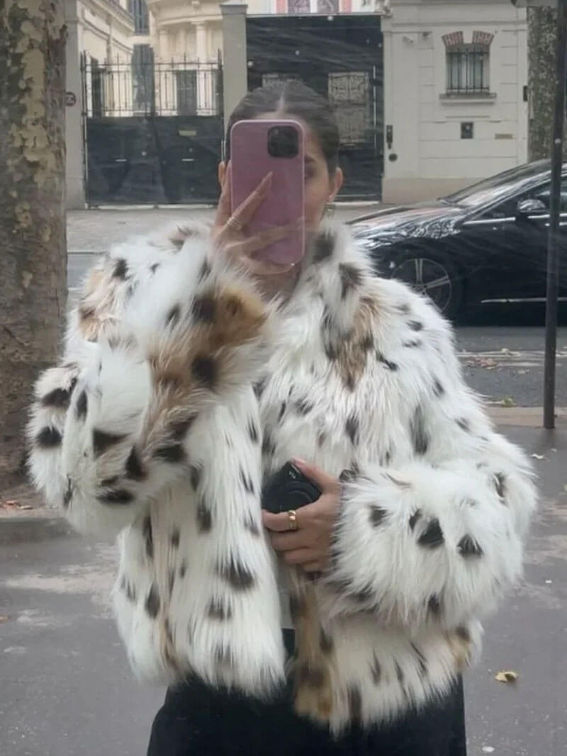 Women's jacket faux fur leopard print elegant