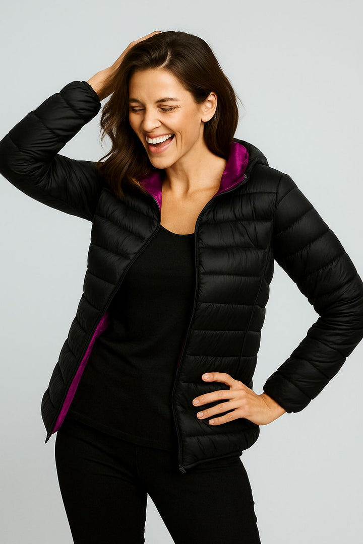 Women's jacket reversible ultralight with hood and water-repellent