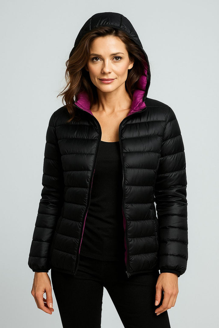 Women's jacket reversible ultralight with hood and water-repellent