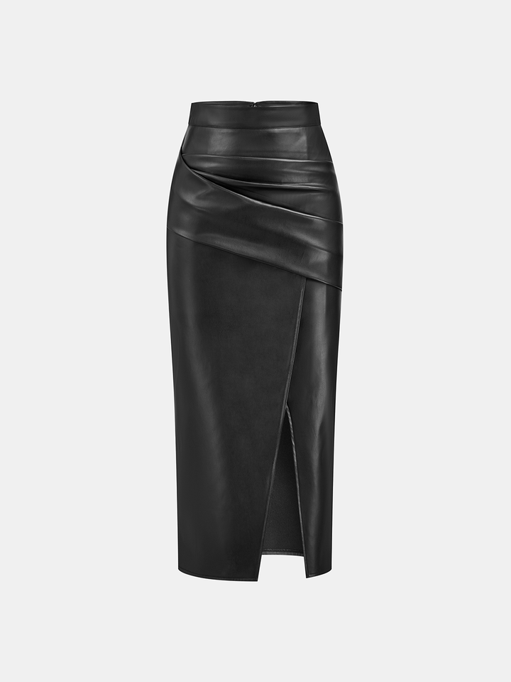 Women's Midi Dress Faux Leather – Leather Look, Back Slit, Elegant & Modern