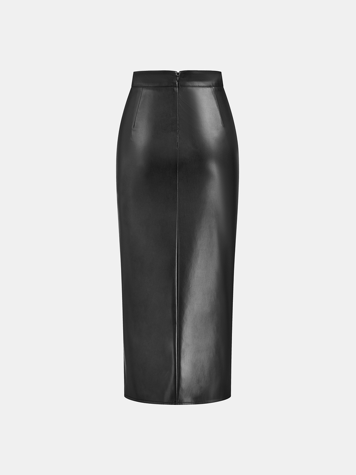 Women's Midi Dress Faux Leather – Leather Look, Back Slit, Elegant & Modern