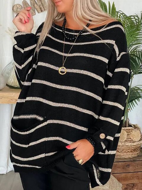 Women's sweater cotton chunky knit with stripes