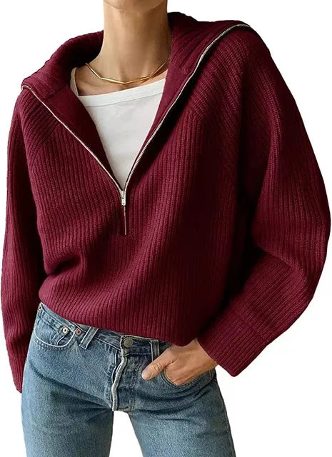 Women's V-neck Sweater with Zipper, Warm Sweater for Women