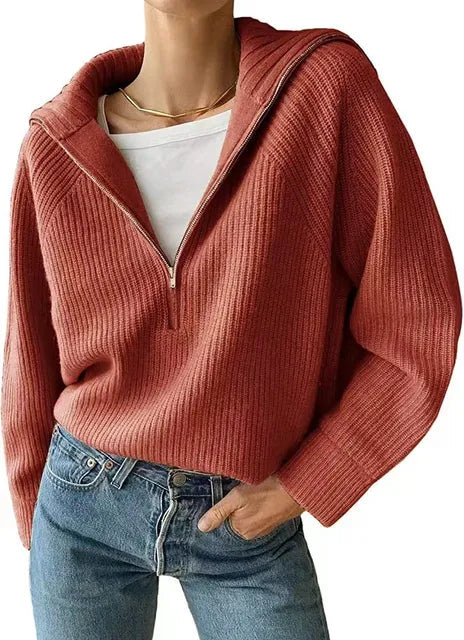 Women's V-neck Sweater with Zipper, Warm Sweater for Women