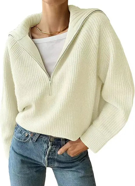 Women's V-neck Sweater with Zipper, Warm Sweater for Women