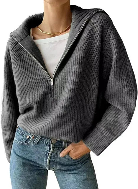 Women's V-neck Sweater with Zipper, Warm Sweater for Women