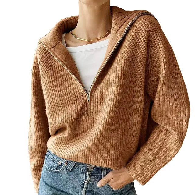 Women's V-neck Sweater with Zipper, Warm Sweater for Women