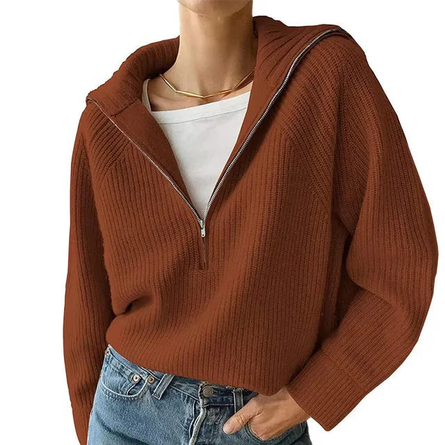 Women's V-neck Sweater with Zipper, Warm Sweater for Women