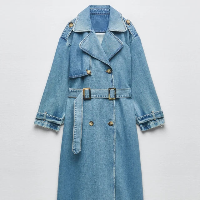 Long Women's Trench Coat Blue – Fitted with Belt – Elegant & Modern
