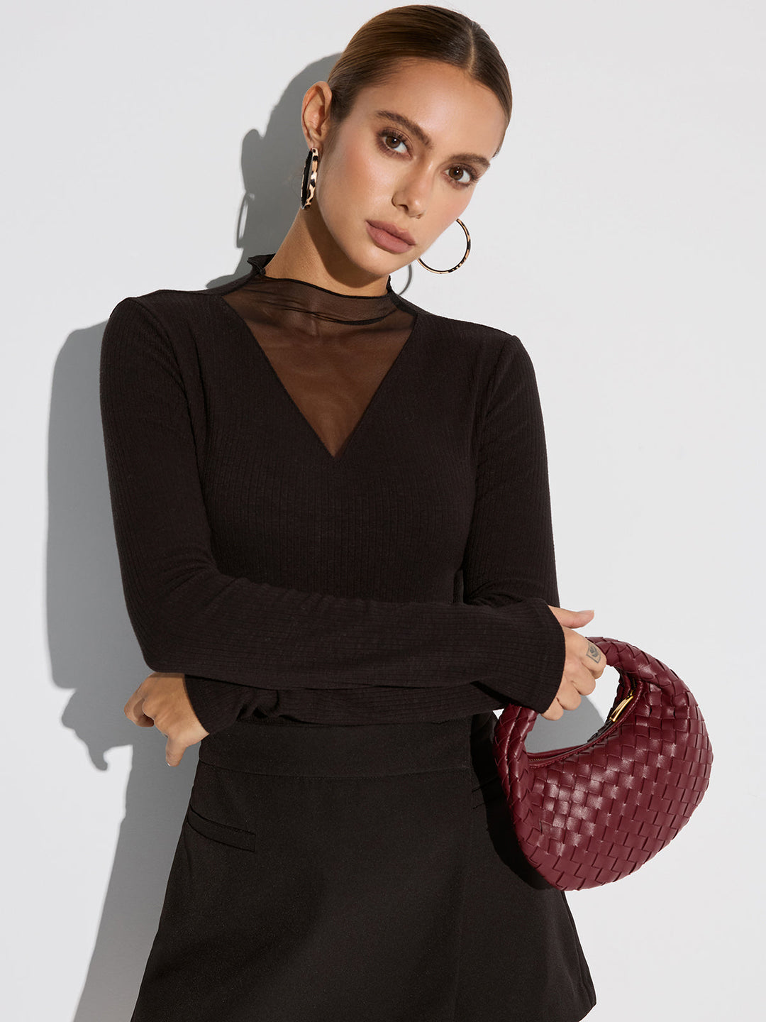 Elegant women's blouse long sleeve – mesh neckline, round neck, soft fabric