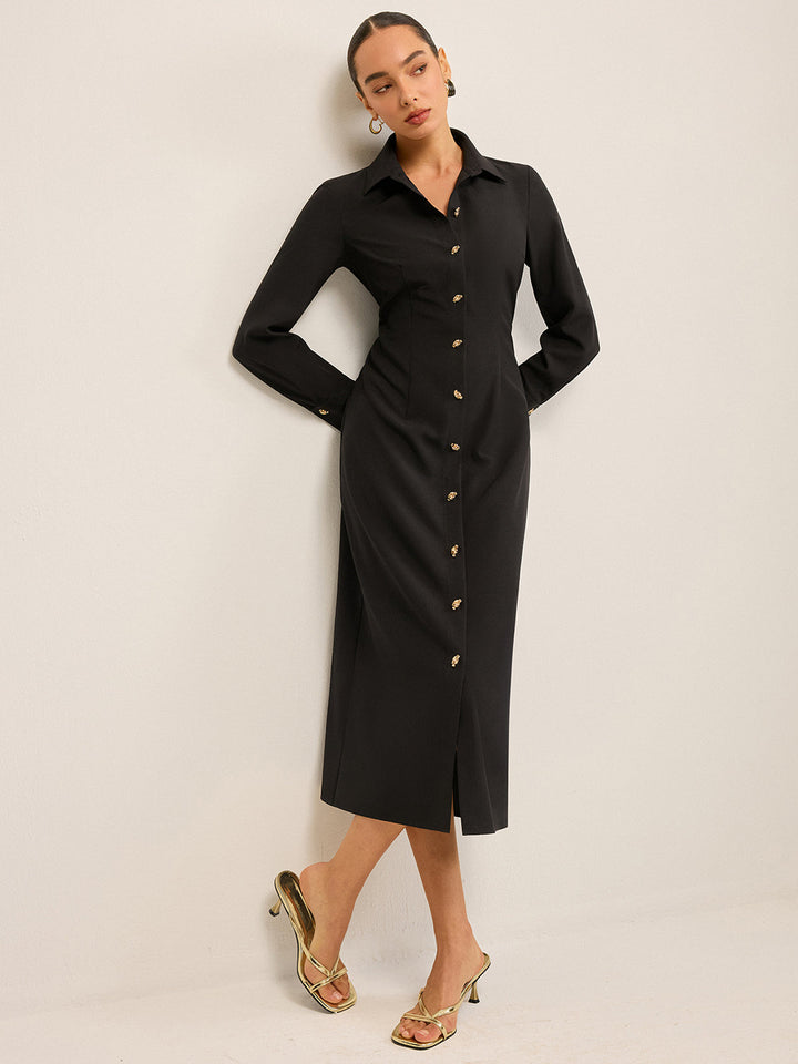 Elegant long-sleeve shirt dress with button placket