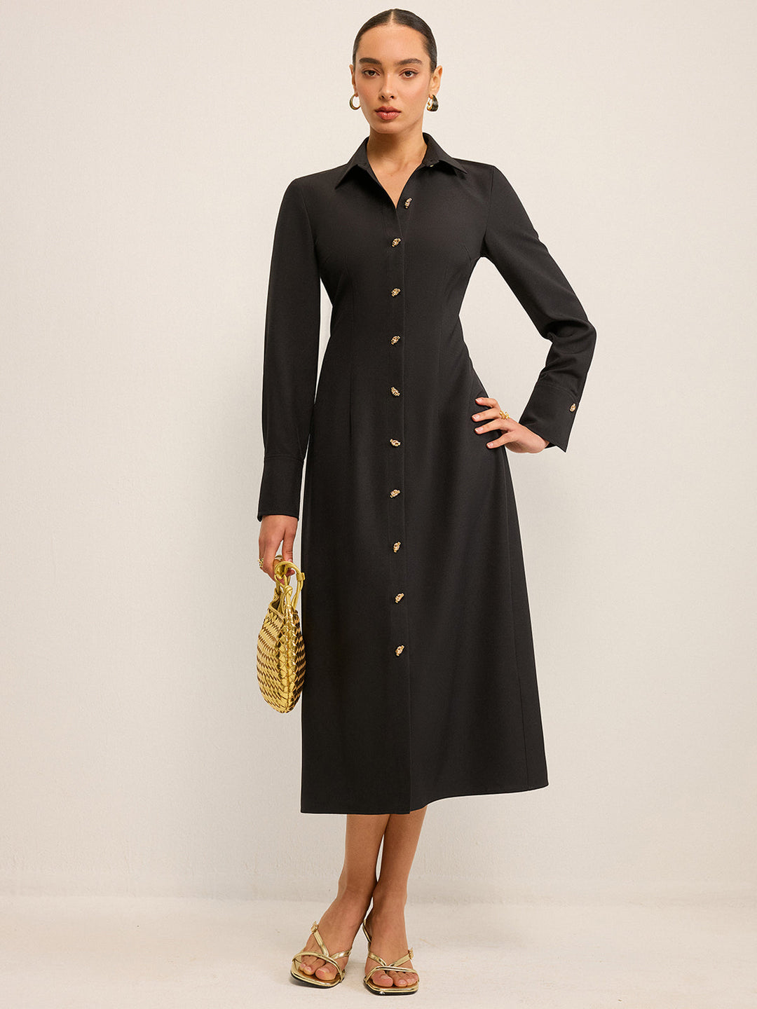 Elegant long-sleeve shirt dress with button placket