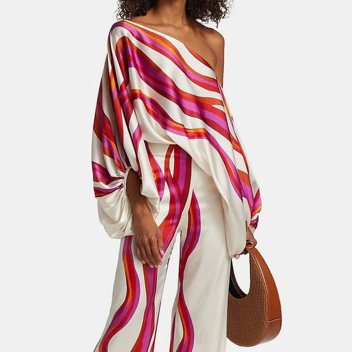 Elegant Women's Two-Piece Satin Set – Off-Shoulder Top & Wide Pants